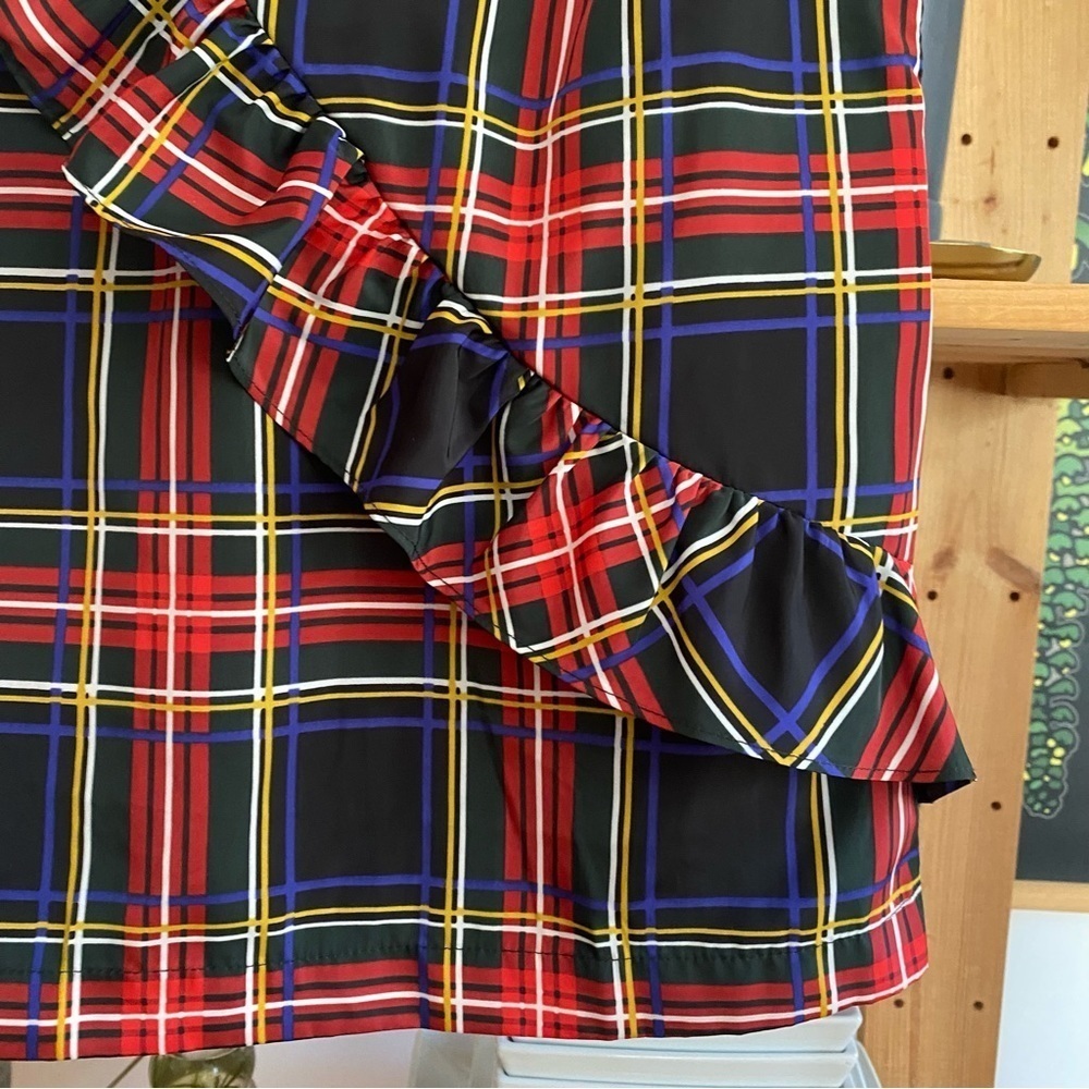 J. Crew Red Green Black Blue Tartan Christmas Holiday Plaid Ruffle Tank Top 0 - Picture 7 of 13
